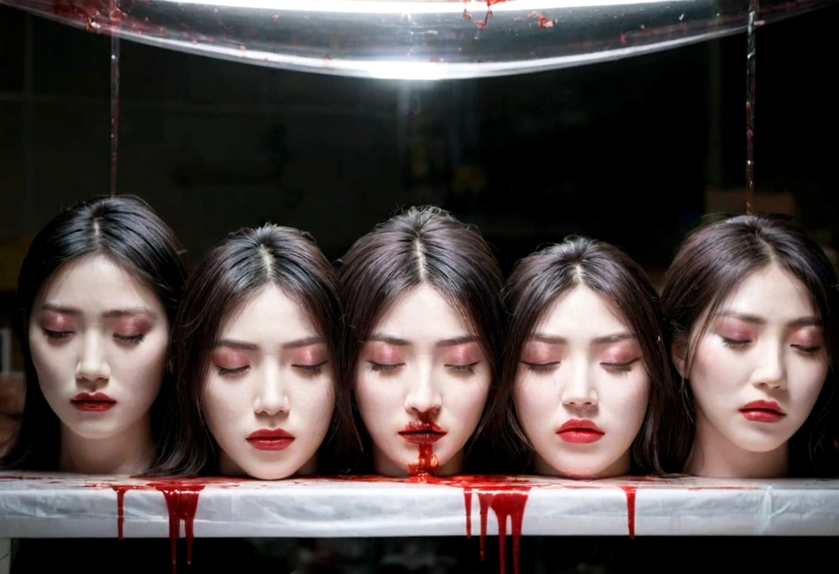 Several decapitated heads of beautiful women in transparent plastic bags, on a table, in a public market, full of blood, blood flowing, ((eyes closed)), bleeding, photorealistic, 4K, Nikon, horror, public market, beautiful asian face