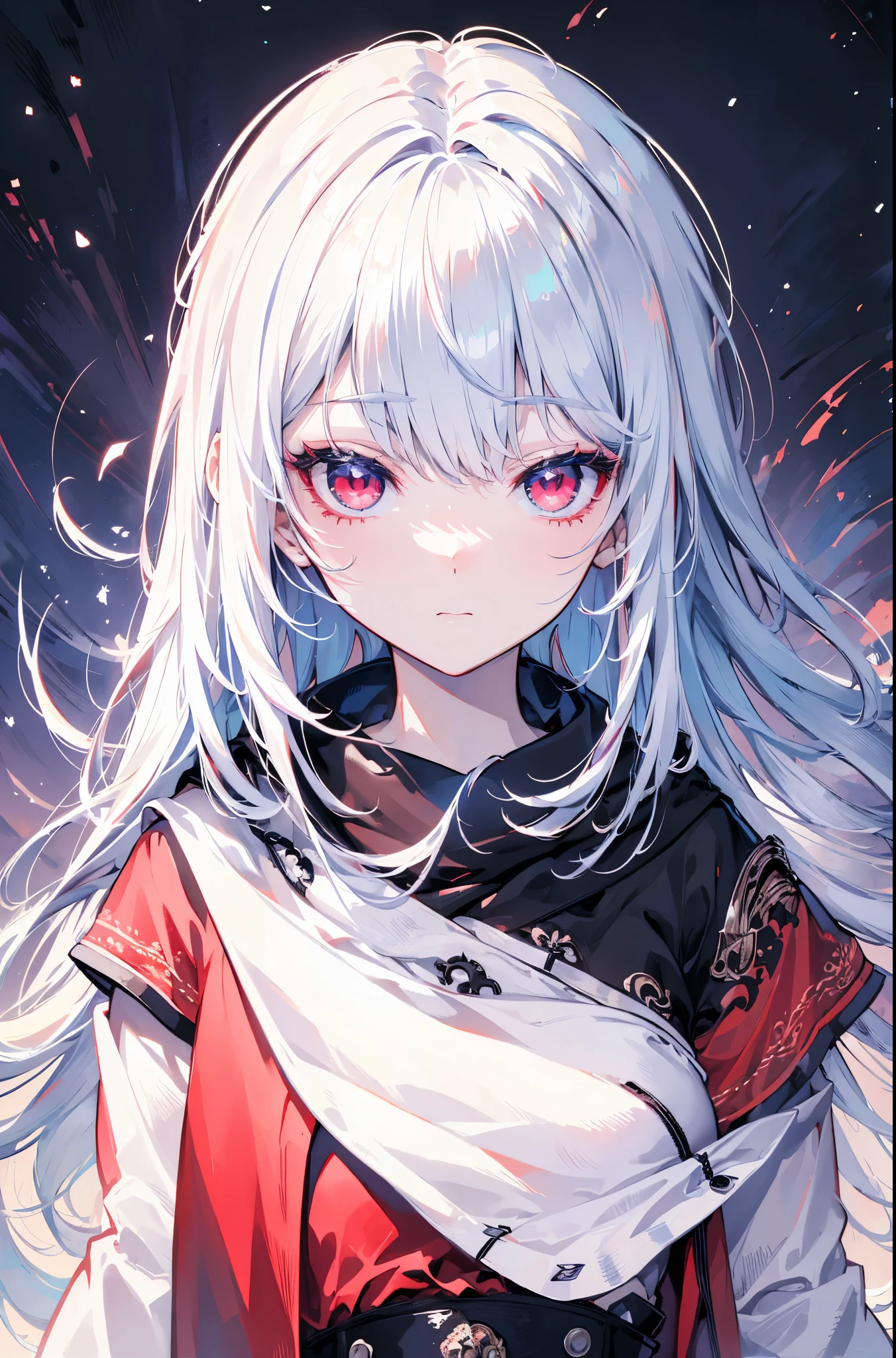 girl, white hair, red eyes, psychopathic, (best quality), detailed face, bloody