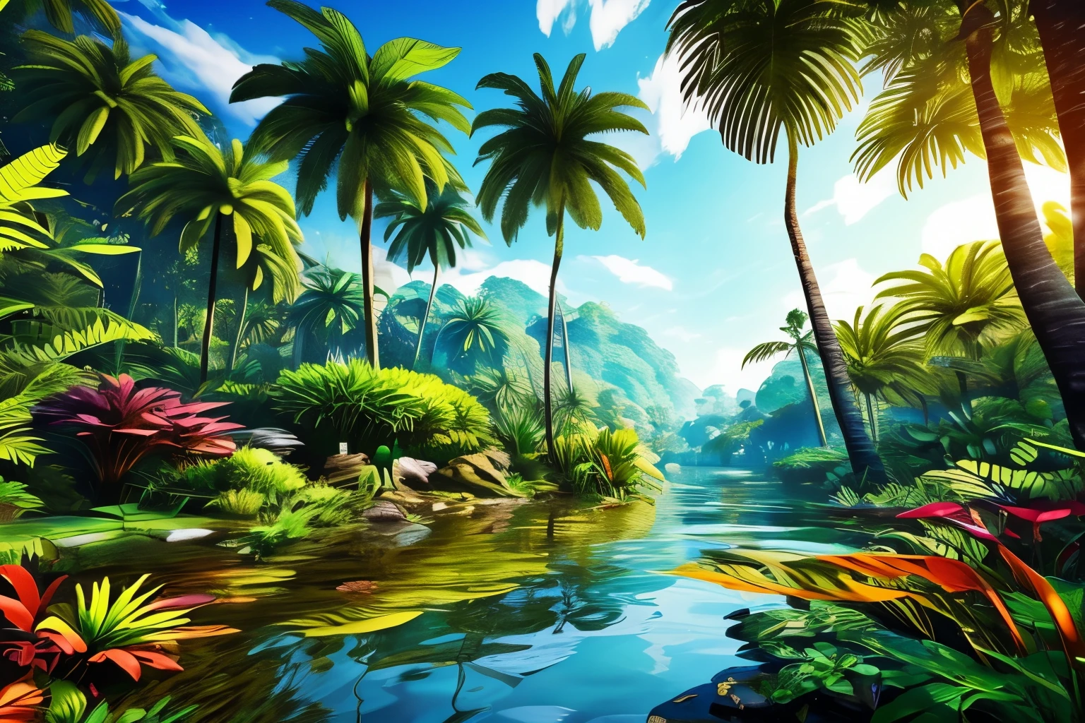 Transform a dense jungle into a digital landscape where cryptocurrencies are vibrant, exotic plants competing for attention and space.