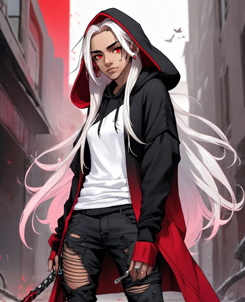 Male,5'4,pierced pointy ears,light skin,red eyes, white ombre long hair half up half down,black albow length fingerless gloves,ripped red short sleeve cropped hoodie,black tight shirt,ripped black jeans,killing his enemies with twin daggers