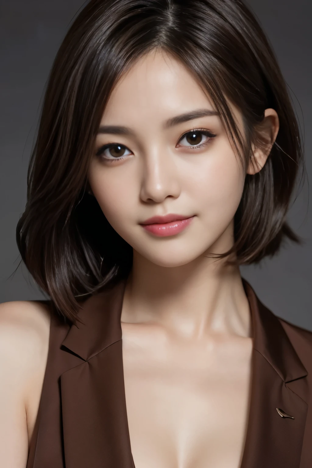 The best quality at its best, Realistically, Super detailed, More about pubic hair, High resolution, Plain background，8k wallpaper, One beautiful woman,,Light brown short hair, Wear a dark suit, Lock Focus, Perfect dynamic composition, Beautiful Eyes, Delicate hair, 细致Realistically的皮肤纹理, smile, Close-up portrait, Model Body Type