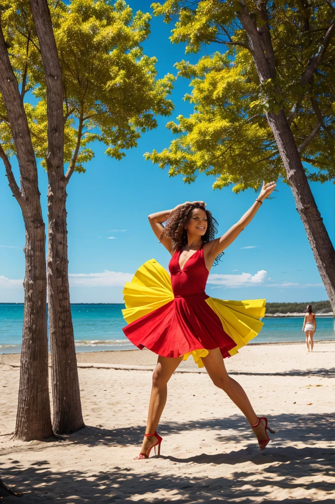 A woman dancing made of red, yellow and white trees in the middle of the beach and people walking by
