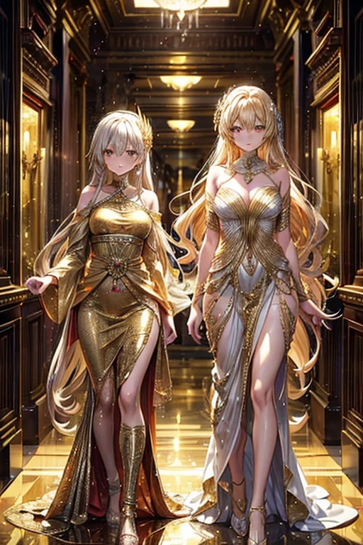 Two women in dresses standing side by side in a hallway, シルキーcovered in gold, Golden Dress, covered in gold, Gold Silk, Elegant evening dresses!, Aodai, Elegant gold body, シルキーパープルとcovered in gold, In Ram Man style, Golden Goddess, Golden Robe, Wearing a long gown, Golden Clothes, Golden hues appear naturally