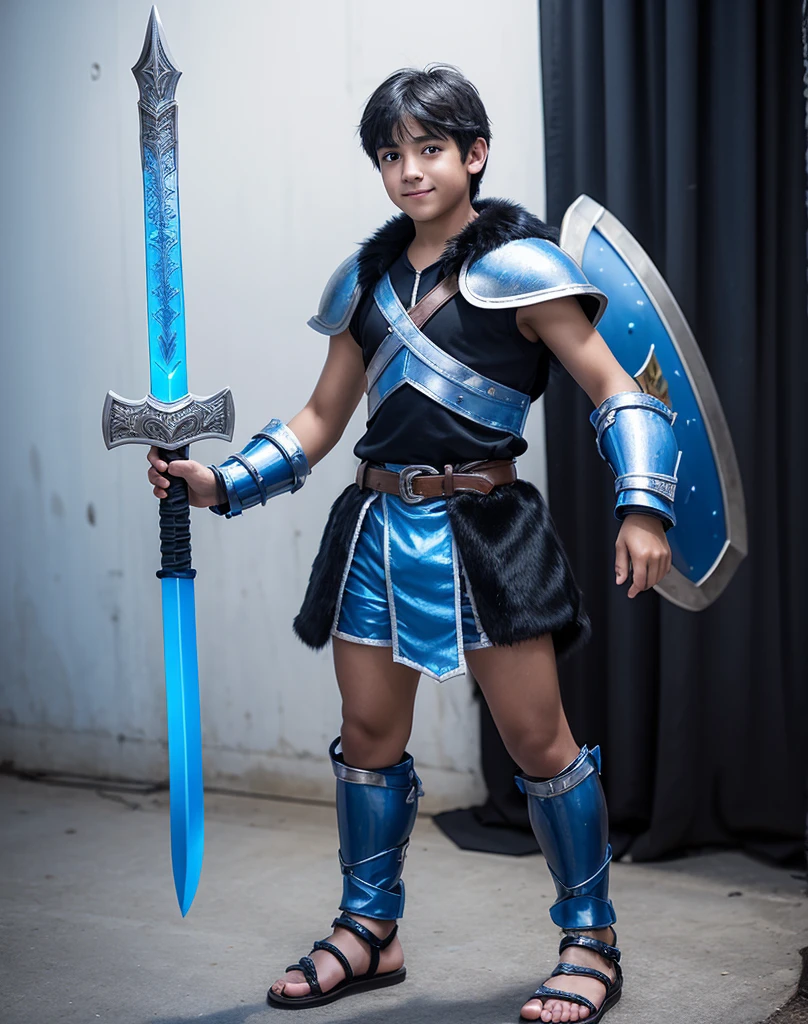 Young 13-year-old boy with black hair and brown eyes, innocent and happy, dressed in short neon-blue medieval barbarian clothes, fur shorts, light-blue battle armor, weilding silver sword and shield, sandals; fullbody; short hair, boyish athletic, sexy,