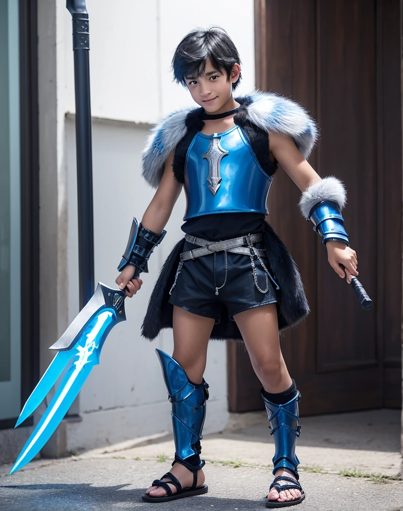 Young 13-year-old boy with black hair and brown eyes, innocent and happy, dressed in short neon-blue medieval barbarian clothes, fur shorts, light-blue battle armor, weilding silver sword and shield, sandals; fullbody; short hair, boyish athletic, sexy,