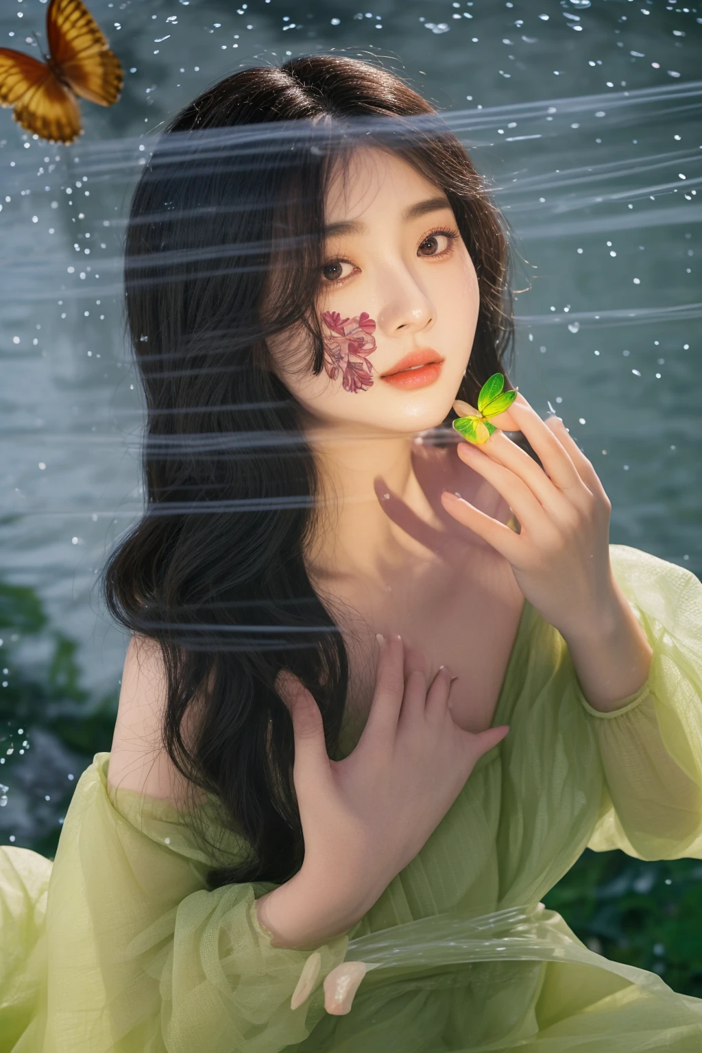 there is a woman in a green dress holding a butterfly, inspired by Yun Du-seo, jingna zhang, inspired by Sim Sa-jeong, inspired by Jeong Seon, closeup fantasy with water magic, inspired by Ai Xuan, inspired by Tang Sin Yun Sandara, light effect. modern fantasy, inspired by Gao Qipei, fan bingbing