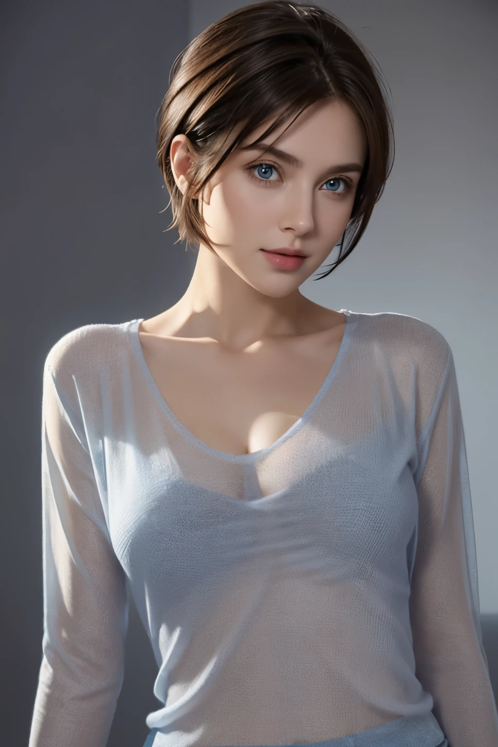 View your viewers, Cinema Lighting, perfection, Soft Light, Realistic skin texture, 30 years old, Small Face, No makeup, Bust C cup, Shapely breasts, Exposed cleavage, V-neck see-through knit shirt, blue eyes, short hair, Dark brown hair, Gray background