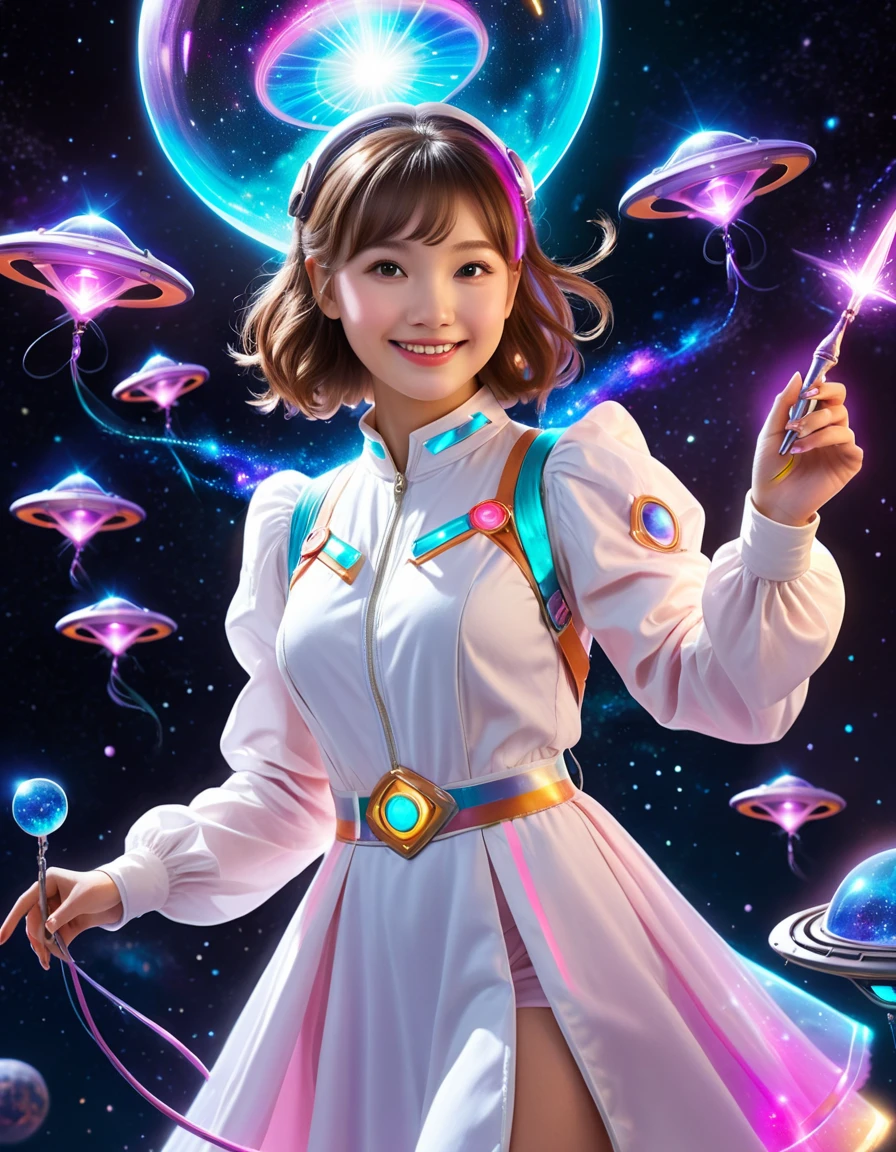 dynamic angle, (close up face), smile, UFO Magical Girl paints a futuristic world where science and magic intertwine. The girl, dressed in a spacesuit-style dress, holds a glowing magic wand. Around her, colorful UFOs fly around, each one moving with her magic and occasionally emitting particles of light.