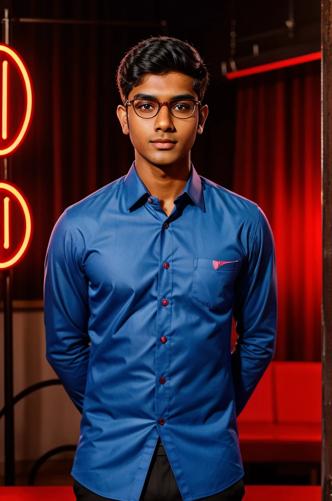 22 year old Indian boy whit fair skin wearing spectacles and narrow doby posing for a LinkedIn picture in formals red light in background