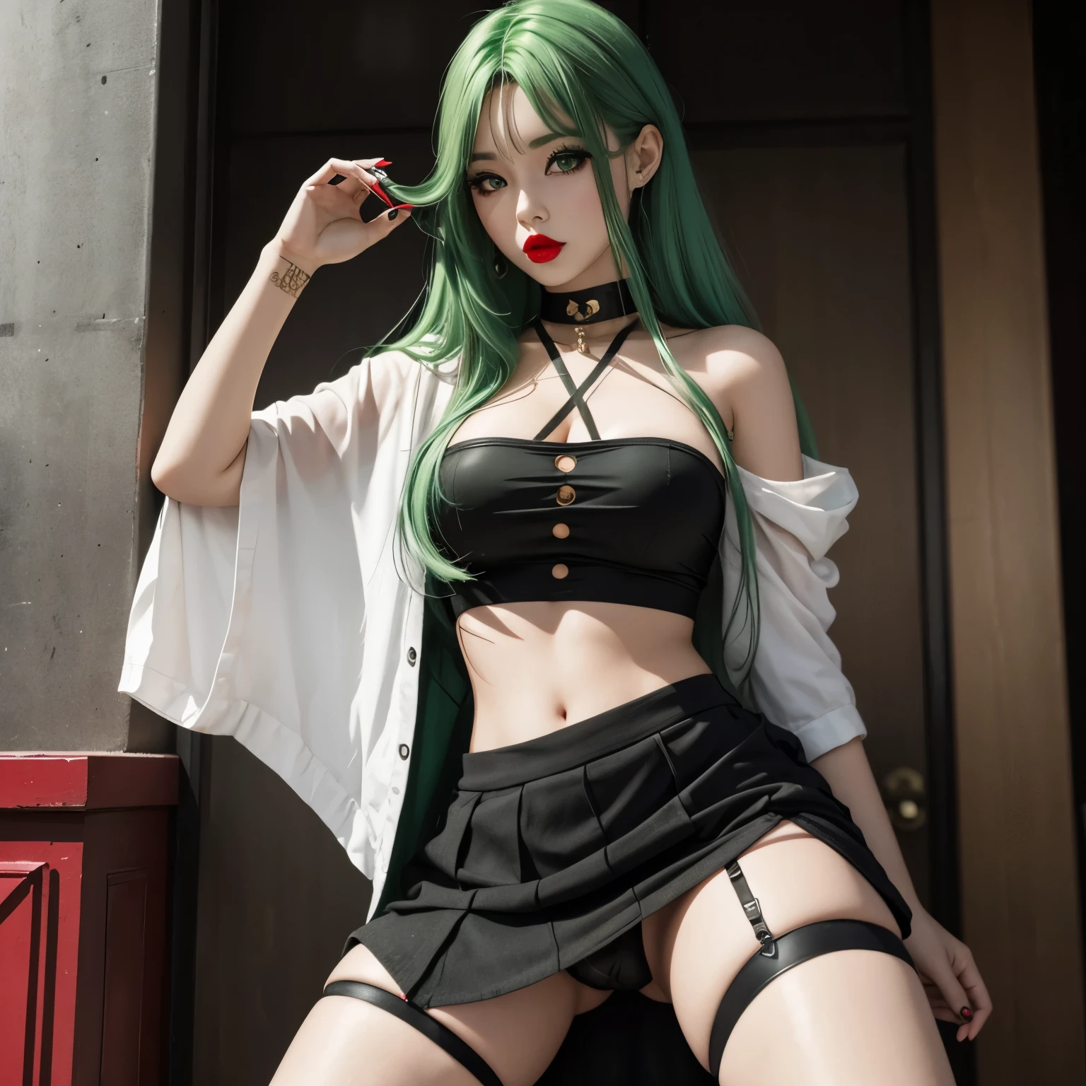 living doll, slut, girl, green hair, miniskirt, red lips, black eyes