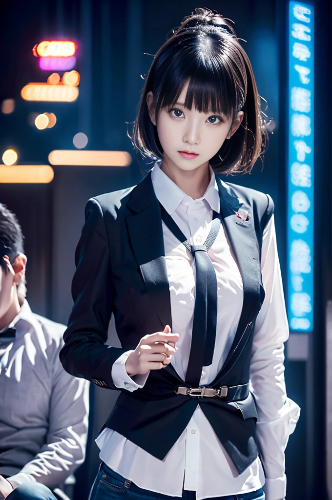 masterpiece、Highest quality、Ultra-high resolution、、colorful、Flat Color、Depth of written boundary、Lens Flare 1 Girl、、Black-haired、Staring at the audience suit Dress shirt belt suspenders Working Adults case OL Black jacket Glare Big ample breasts Sex jeans