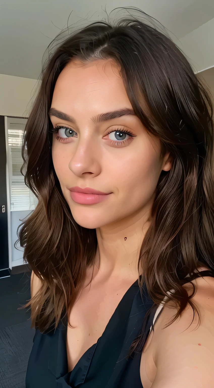 Beautiful brunette with blonde highlights wearing a black office dress(in a room ), selfie, 22 years old, , innocent face, natural wavy hair, blue eyes, high resolution, Masterpiece, Best quality, Intricate high detail, Highly detailed, Sharp focus, Detailed skin, realistic skin texture, texture, detailed eyes, professional, iPhone camera, charming smile, shot on Canon, 85mm, shallow depth of field, Kodak Vision Color, Perfect Fit Body , extremely detailed, photography_\(ultra\), Photorealistic, Realistic, Post-processing, maximum details, roughness, real life, ultra realistic, Photorealism, photography, , photography,