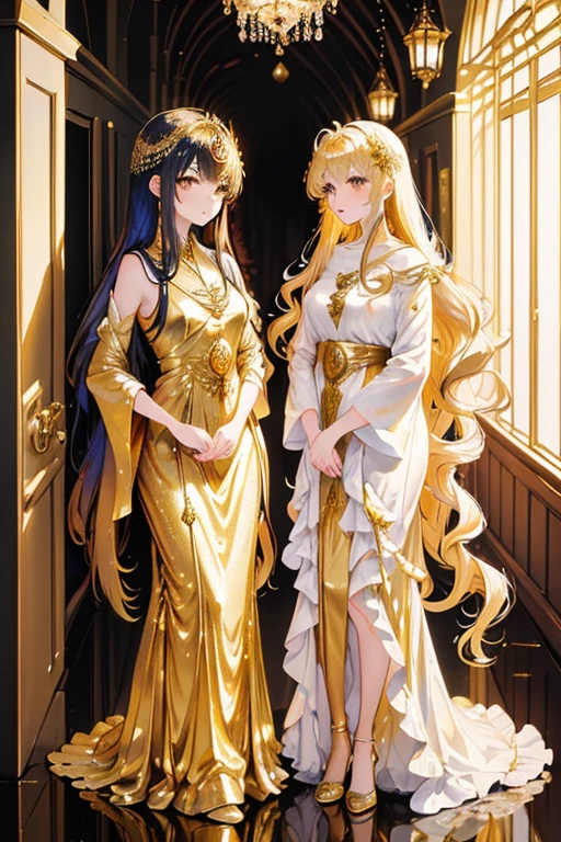 Two women in dresses standing side by side in a hallway, シルキーcovered in gold, Golden Dress, covered in gold, Gold Silk, Elegant evening dresses!, Aodai, Elegant gold body, シルキーパープルとcovered in gold, In Ram Man style, Golden Goddess, Golden Robe, Wearing a long gown, Golden Clothes, Golden hues appear naturally