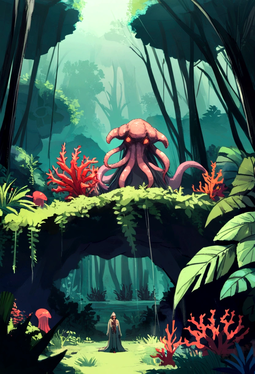 Cthulhu Mythos,Surrealism specialist, cenote in the jungle, corals, Wizard, vacant, dark, Red, hell,