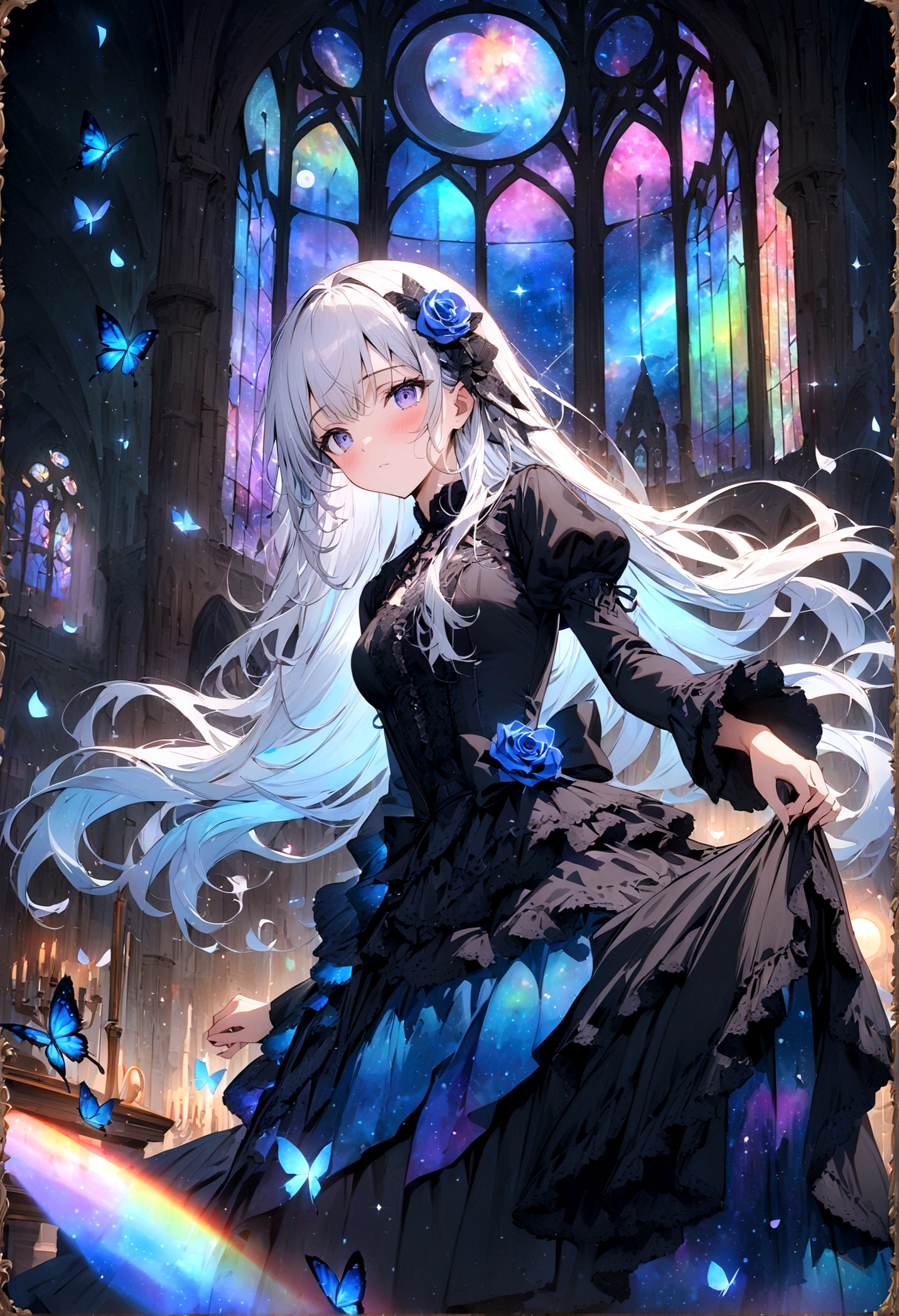 ((masterpiece:1.4)), (best quality), (ultra-detailed), anime style, 1girl, white hair, long hair, (gothic lolita), musical note, shooting star, space, galaxy, aurora, seven-colored light, (blue rose:1.2), butterfly, constellation, girl riding on a crescent moon, nebula, blue rose petals, stained glass, entire field of stained glass flowers, night, blushing, blush, clear face,expressionless,reflection, planetarium, flowing hair, church, candelabra, dancing patterns.