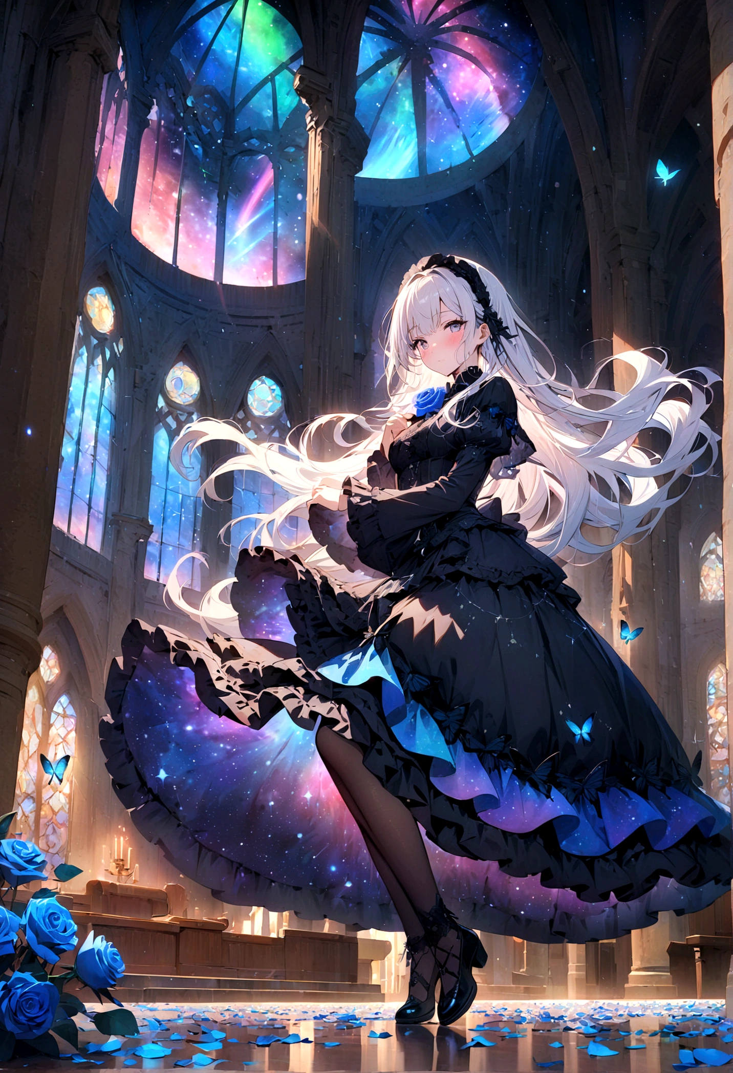 ((masterpiece:1.4)), (best quality), (ultra-detailed), anime style, 1girl, white hair, long hair, (gothic lolita), musical note, shooting star, space, galaxy, aurora, seven-colored light, (blue rose:1.2), butterfly, constellation, girl riding on a crescent moon, nebula, blue rose petals, stained glass, entire field of stained glass flowers, night, blushing, blush, clear face,expressionless,reflection, planetarium, flowing hair, church, candelabra, dancing patterns.