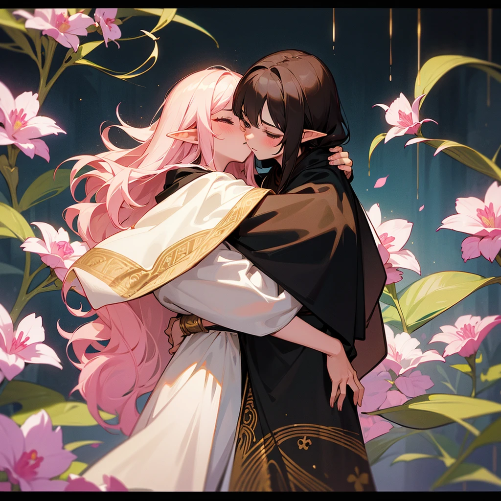 An elf man in a black robe with gold patterns hugs and kisses a brunette girl in a white dress with pink flowers.