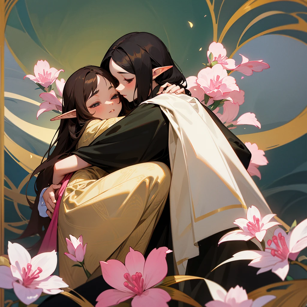 An elf man in a black robe with gold patterns hugs and kisses a brunette girl in a white dress with pink flowers.