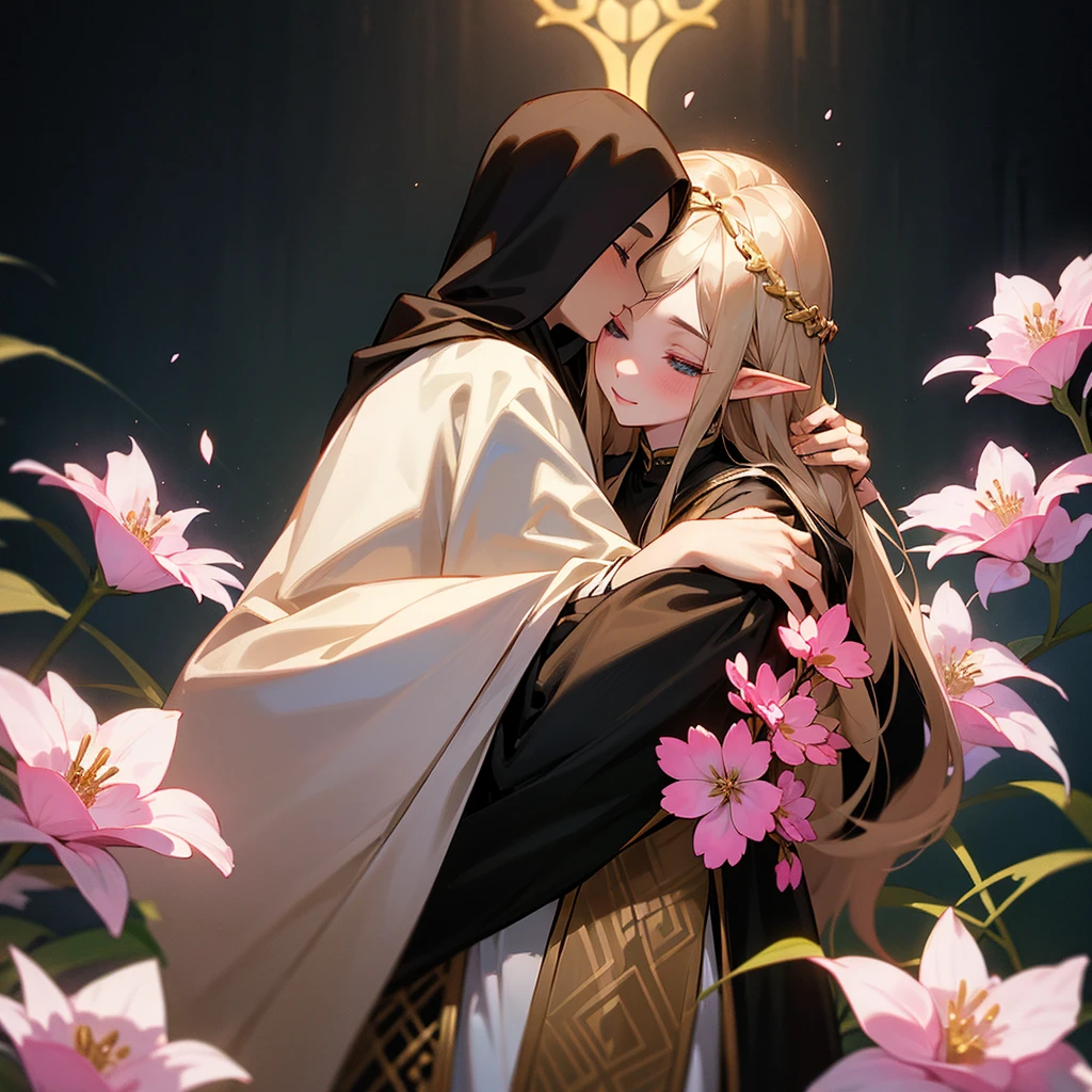 An elf man in a black robe with gold patterns hugs and kisses a brunette girl in a white dress with pink flowers.