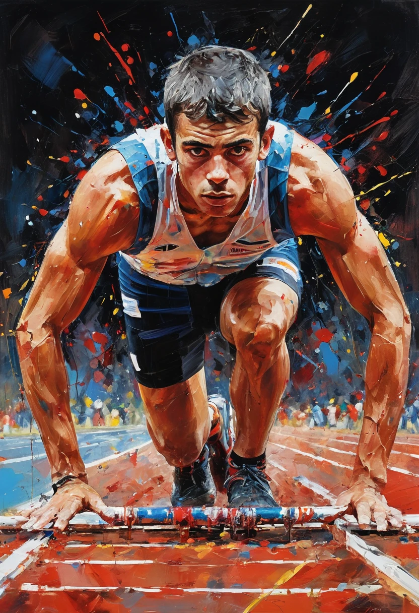 a rich combination of vibrant colors including reds, blues and whites. Splashes of paint, in the style of Jackson Pollock, adorn the composition, representing the intensity of a race. In the center of the scene, an athlete meticulously cut out of a magazine is positioned at the starting line. His muscles are tense, and the race track stretches straight and flat before him. The starting blocks firmly support his feet as he prepares for the explosive start under focused artificial light. The grainy black background (reminiscent of the VHS effect) surrounds the entire scene, giving depth and dynamism. The athlete's facial expression is focused and determined, with his eyes fixed on the track in front of him. His eyebrows are slightly furrowed, and his lips are pressed into a firm line, reflecting anticipation and readiness for the imminent start. Grafite, rabiscar, melhor qualidade, Obra de arte, trabalho representativo, arte oficial, profissional, ultra intrincado detalhado, 8K