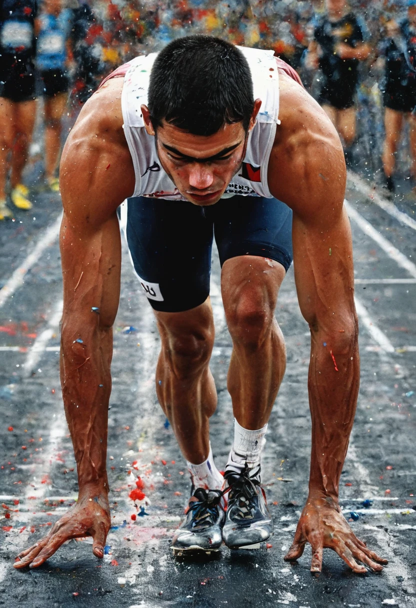 a rich combination of vibrant colors including reds, blues and whites. Splashes of paint, in the style of Jackson Pollock, adorn the composition, representing the intensity of a race. In the center of the scene, an athlete meticulously cut out of a magazine is positioned at the starting line. His muscles are tense, and the race track stretches straight and flat before him. The starting blocks firmly support his feet as he prepares for the explosive start under focused artificial light. The grainy black background (reminiscent of the VHS effect) surrounds the entire scene, giving depth and dynamism. The athlete's facial expression is focused and determined, with his eyes fixed on the track in front of him. His eyebrows are slightly furrowed, and his lips are pressed into a firm line, reflecting anticipation and readiness for the imminent start. Grafite, rabiscar, melhor qualidade, Obra de arte, trabalho representativo, arte oficial, profissional, ultra intrincado detalhado, 8K