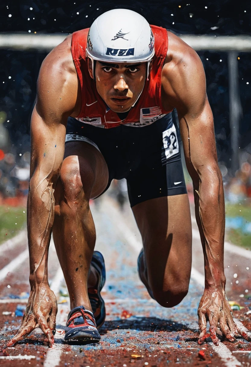 a rich combination of vibrant colors including reds, blues and whites. Splashes of paint, in the style of Jackson Pollock, adorn the composition, representing the intensity of a race. In the center of the scene, an athlete meticulously cut out of a magazine is positioned at the starting line. His muscles are tense, and the race track stretches straight and flat before him. The starting blocks firmly support his feet as he prepares for the explosive start under focused artificial light. The grainy black background (reminiscent of the VHS effect) surrounds the entire scene, giving depth and dynamism. The athlete's facial expression is focused and determined, with his eyes fixed on the track in front of him. His eyebrows are slightly furrowed, and his lips are pressed into a firm line, reflecting anticipation and readiness for the imminent start. Grafite, rabiscar, melhor qualidade, Obra de arte, trabalho representativo, arte oficial, profissional, ultra intrincado detalhado, 8K
