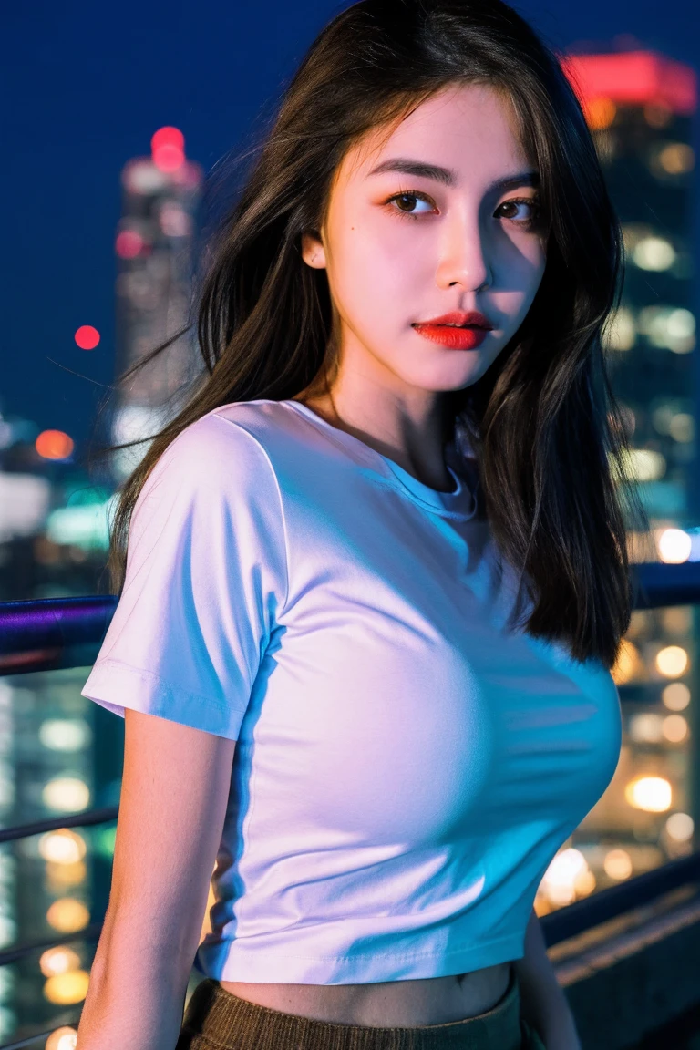 Raw, cinematic shot, (sharp focus:1.5), (photorealistic:1.4), twilight lighting, volumetric lighting, ultra high res, 16K,dramatic lighting, Midnight, Whole body, Long legs, Sharp focus :1.2, A pretty woman with perfect figure :1.4, Slender abs :1.1, (Dark brown hair,Gigantic breasts :1.2), (White tight tshirt, Standing:1.2), (Night city view, Rooftop:1.3), Highly detailed face and skin texture, Detailed eyes, Double eyelid,  Light penetrates the hair,
