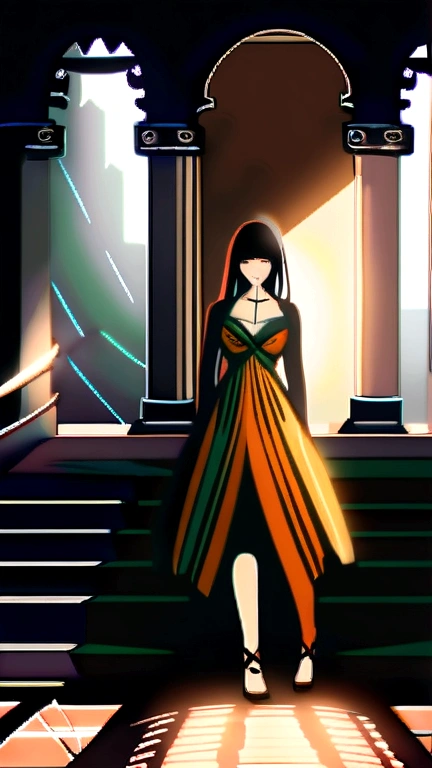 Tomb Raider in elegant tricolor orange white green dress 