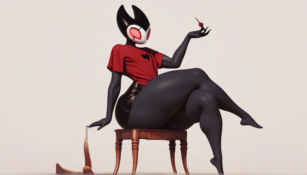 score_9, score_8_up, score_7_up, score_6_up, zPDXL2, grimm \(hollow knight\), vampire, bat, 1boy, solo, cute face, detailed eyes, red t-shirt, black shorts, looking back, full body portrait, thick thighs, anthro, thick ass, crossed legs, provocative look, sitting in a chair, holding a PSP 