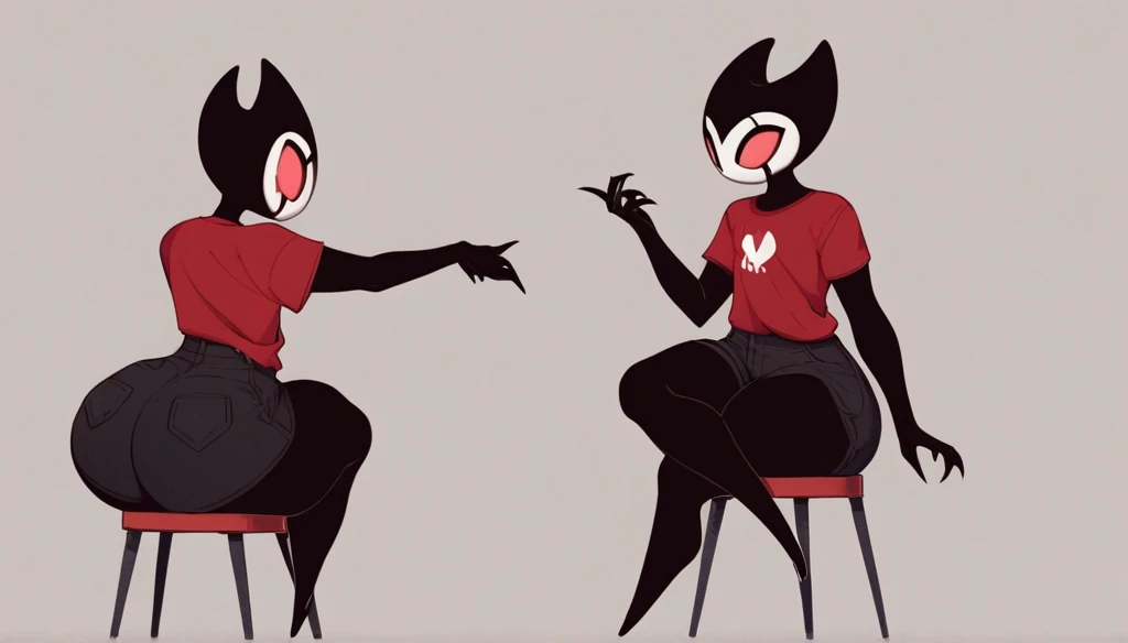 score_9, score_8_up, score_7_up, score_6_up, zPDXL2, grimm \(hollow knight\), vampire, bat, 1boy, solo, cute face, detailed eyes, red t-shirt, black shorts, looking back, full body portrait, thick thighs, anthro, thick ass, crossed legs, provocative look, sitting in a chair, holding a PSP 