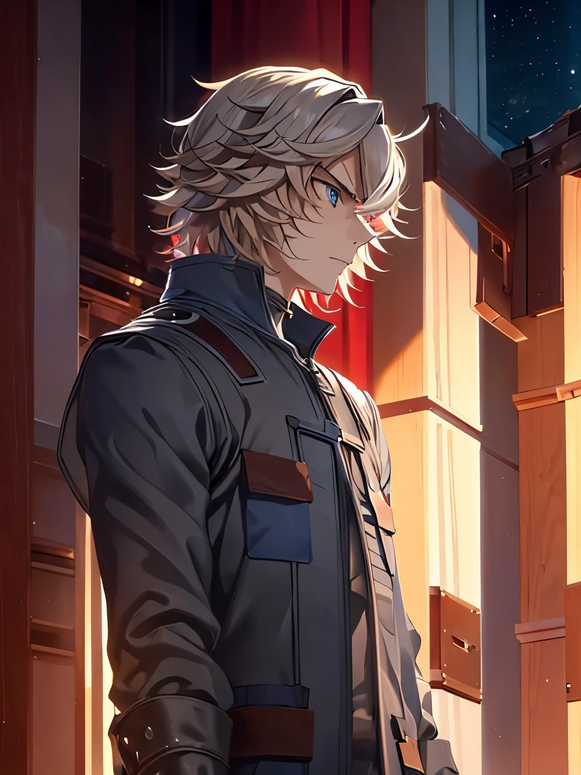 masterpiece, best quality, , 1adult man,18, years old, solo, male focus, red Armor,white hair, blue eyes,Iron armor, night,, night, close up photo,Angry expression,Facing right, camera angle from the side, photo from the side, looking away