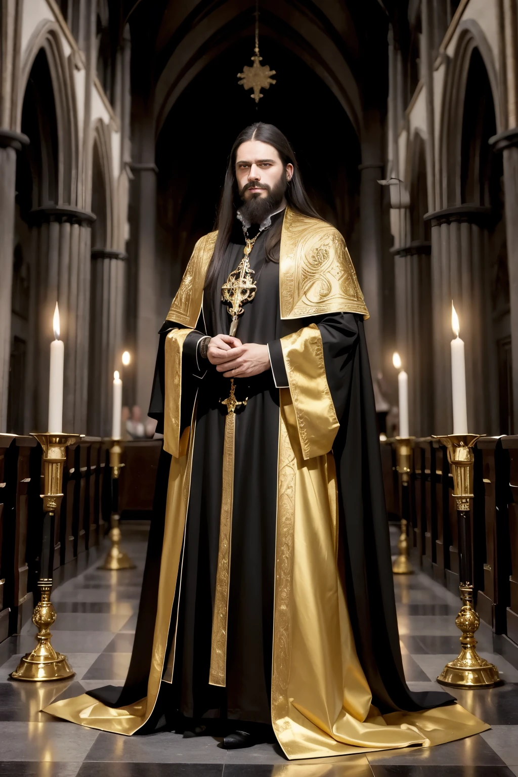 ((melhor qualidade)), ((Obra de arte)), (detalhado), (realista), a ventrue vampire lord, male, long hair, full beard, full body, from head to toe, in the dark ages, looking 36 years old, no glasses, holding a golden long staff with ornaments at the tip, with black and gold priest's vestments. Behind the priest a gothic, medieval church from the dark ages.