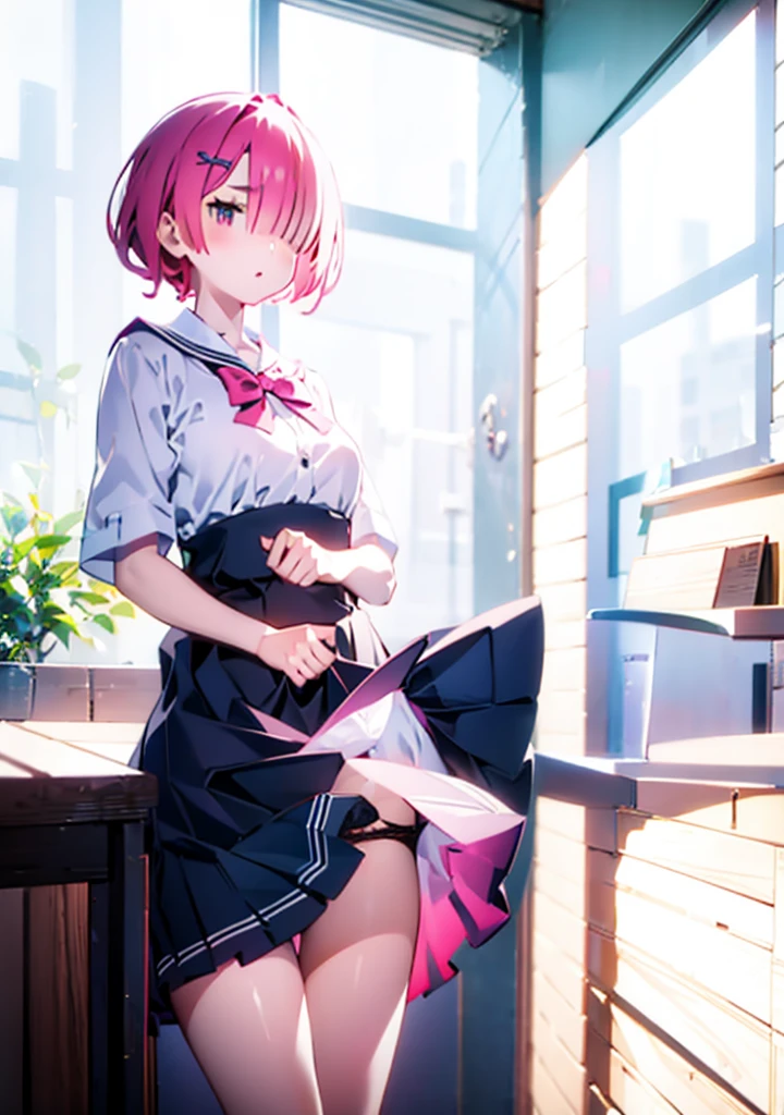 Showing panties、Pink short hair、hair over one eye、Showing panties、、School classroom、blackboard、Pull up your skirt、Lift up your skirt、Condescending expression、A foolish look、