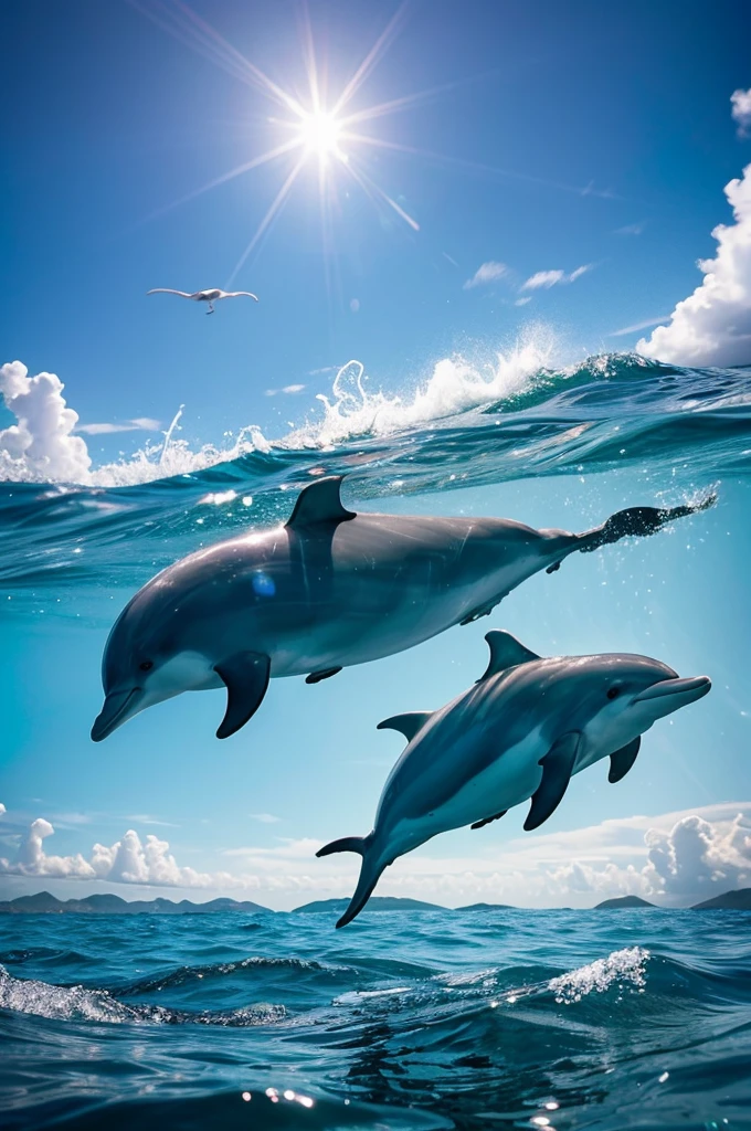 Dolphins swimming in the mysterious sea、Very beautiful、detailed、8K.beautiful、Water bubbles