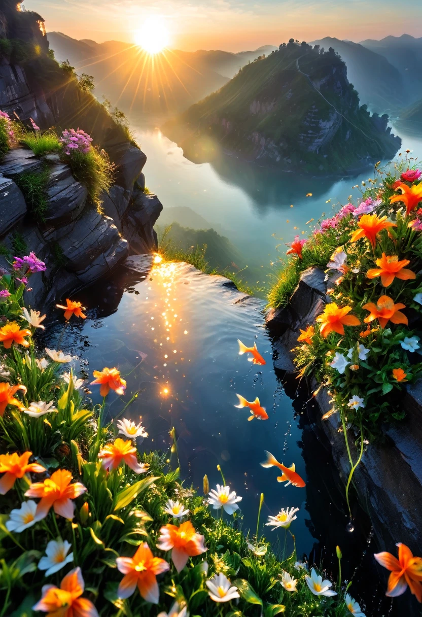 The first rays of sunlight in the morning，cliff，slopes，Dew drops on beautiful flowers，(sunrise)，Goldfish in the sky，Beautiful picture，HD Wallpapers