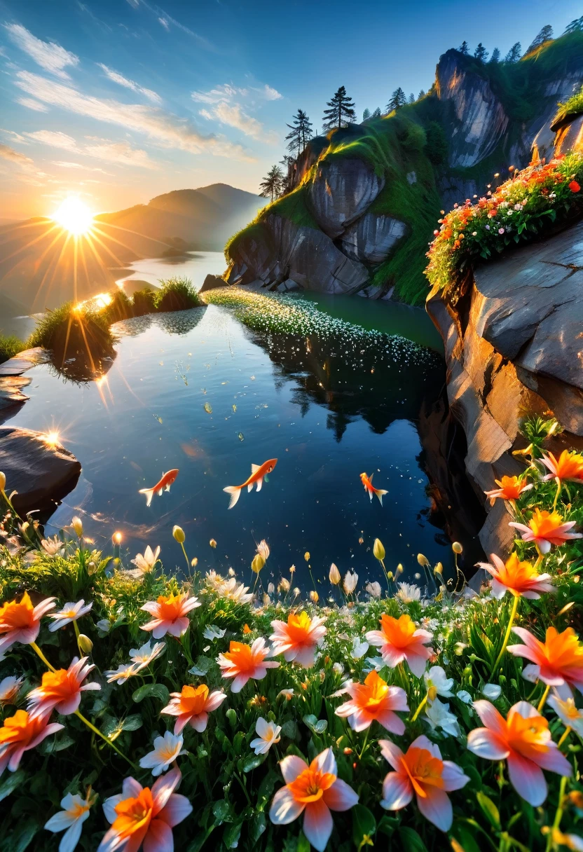 The first rays of sunlight in the morning，cliff，slopes，Dew drops on beautiful flowers，(sunrise)，Goldfish in the sky，Beautiful picture，HD Wallpapers