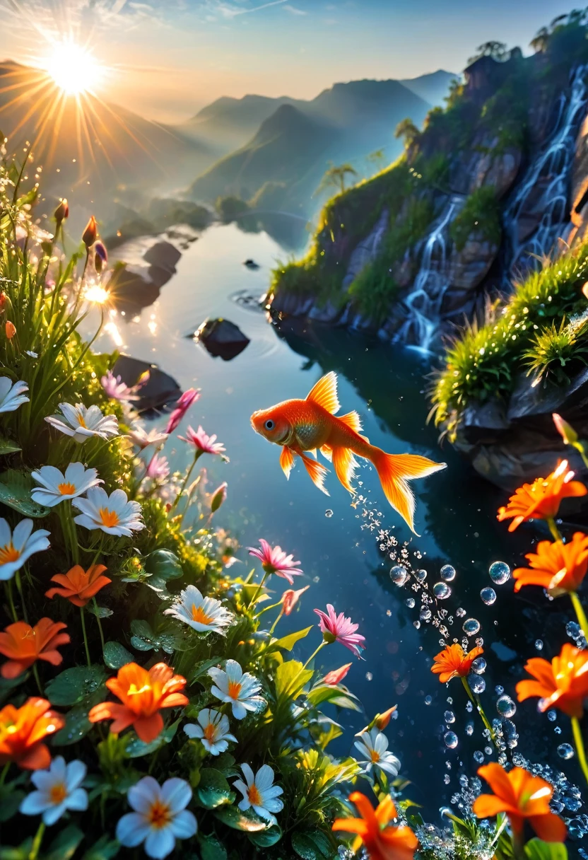 The first rays of sunlight in the morning，cliff，slopes，Dew drops on beautiful flowers，(sunrise)，Goldfish in the sky，Beautiful picture，HD Wallpapers