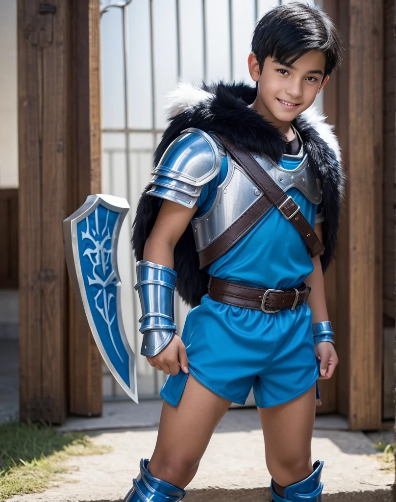 Young 13-year-old boy with black hair and brown eyes, innocent and happy, dressed in short neon-blue medieval barbarian clothes, fur shorts, light-blue battle armor, weilding silver sword and shield, sandals; fullbody; short hair, boyish athletic, sexy,