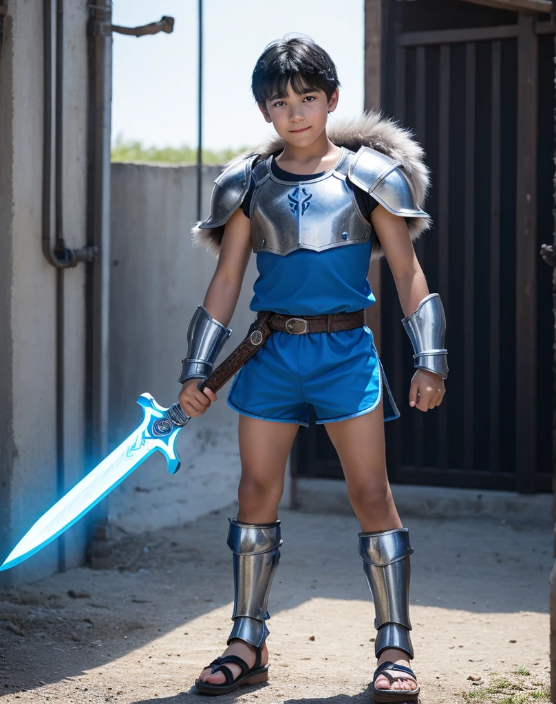 Young -yeld boith black hair and brown eyes, innocent and happy, dressed in short neon-blue medieval barbarian clothes, fur shorts, light-blue battle armor, weilding silver sword and shield, sandals; fullbody; short hair, boyish athletic, sexy,