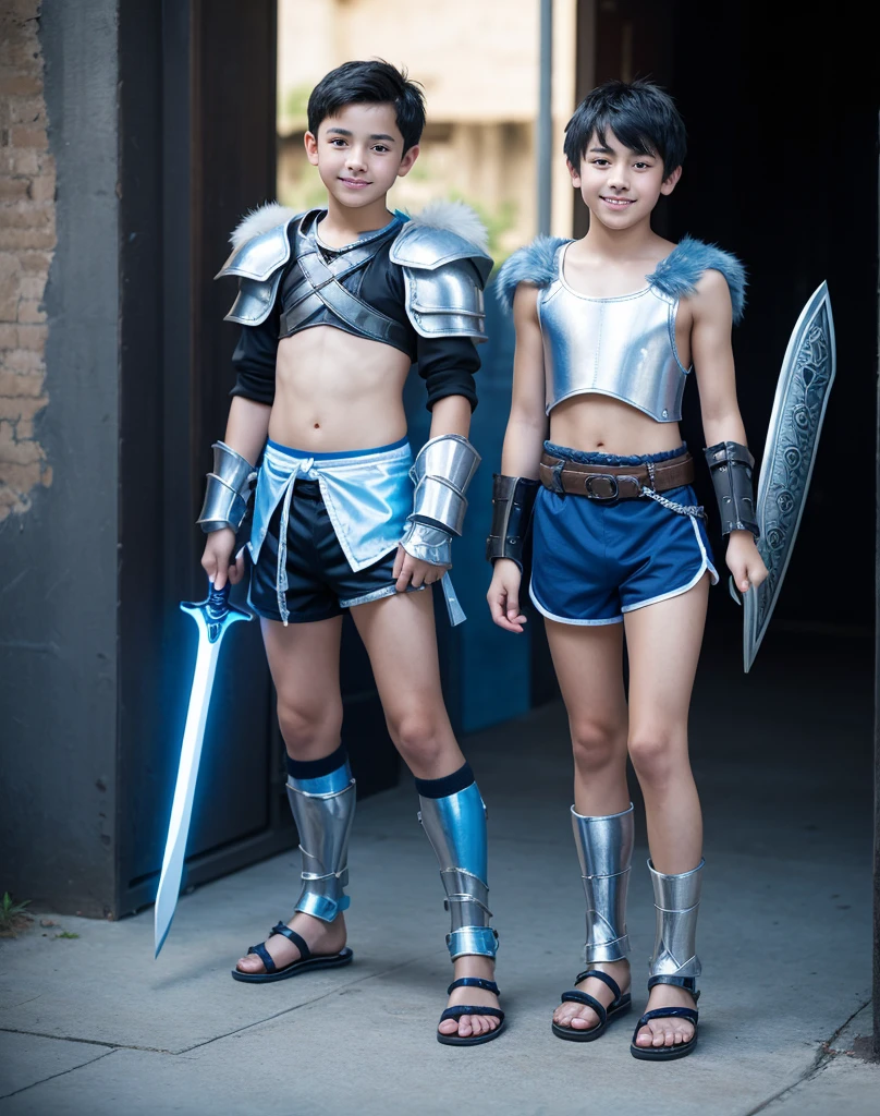 Young 13-year-old boy with black hair and brown eyes, innocent and happy, dressed in short neon-blue medieval barbarian clothes, fur shorts, light-blue battle armor, weilding silver sword and shield, sandals; fullbody; short hair, boyish athletic, sexy,