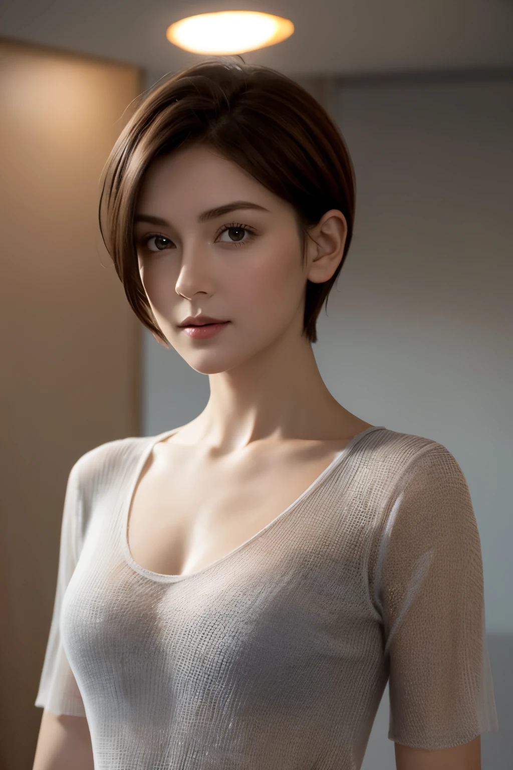 (View your viewers), Cinema Lighting, perfection, Soft Light, Realistic skin texture, 30 years old, Small Face, No makeup, Bust C cup, Shapely breasts, Exposed cleavage, Orange V-neck see-through knit shirt, short hair, Dark brown hair, Gray background