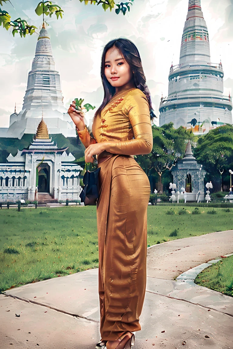arafed asian woman in a satin dress standing in front of a crowd, (((full body view:2))), ((pretty lady MoonLay:1.2)), (pretty lady MoonLay), ((((pretty lady MoonLay's innocent cute face and cute small smile:1.3)))), (random other girls), ((wearing Myanmar traditional elegant and stylish affair:1.2)), ((white top and red bottom satin dress color:1.2)), blue stiletto high heel, south east asian with square face, traditional beauty, beautiful asian girl, anime thai girl, a young beautiful asian woman, ((in a park with Myanmar temple and pagoda at far background:1.5)), cinematic enhance HDR portrait lighting, perfect ???????, cannon mark v, DSLR quality, (perfect ???????).