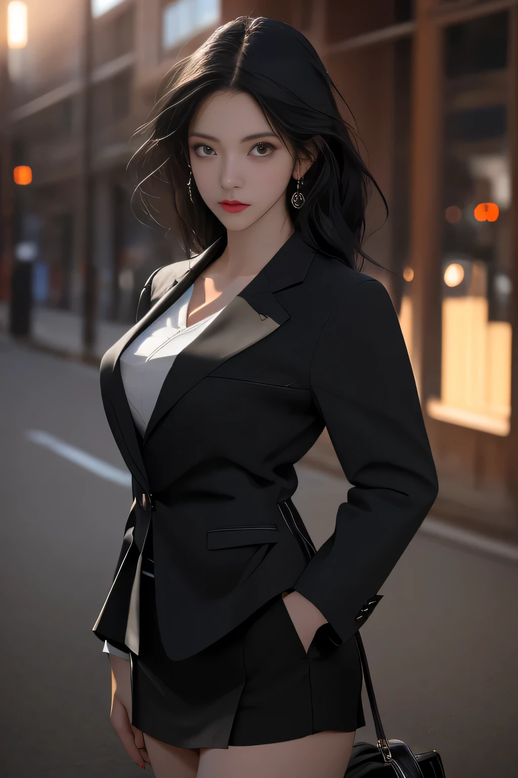 best quality, masterpiece, 1girl, Beautiful face, (photo realistic:1.3), rim lighting, (high detailed skin:1.2), 8k uhd, dslr, high quality, high resolution, 4k, 8k, Bokeh, absurdres, best ratio four finger and one thumb, (realistic:1.3), cute 1girl, wearing black formal blazer, medium breasts, short skirt,