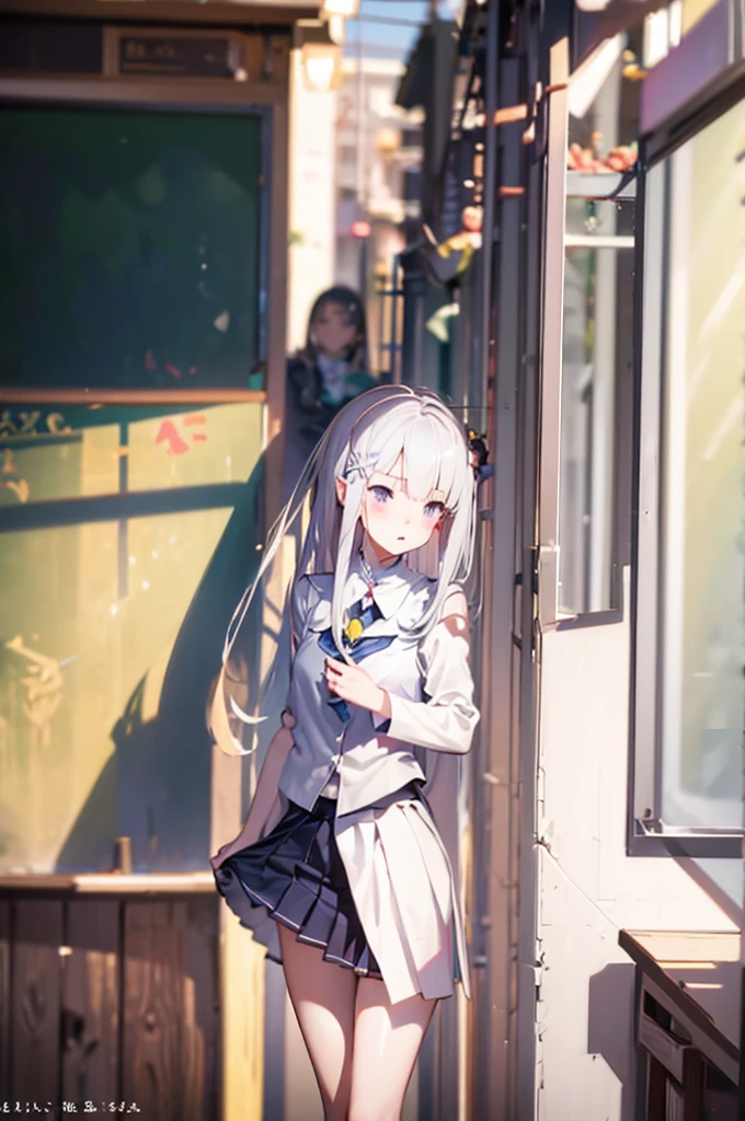 Silver Hair、Semi-long hair、Showing panties、、Showing panties、、School classroom、blackboard、Pull up your skirt、Lift up your skirt、Blushing、A foolish look、