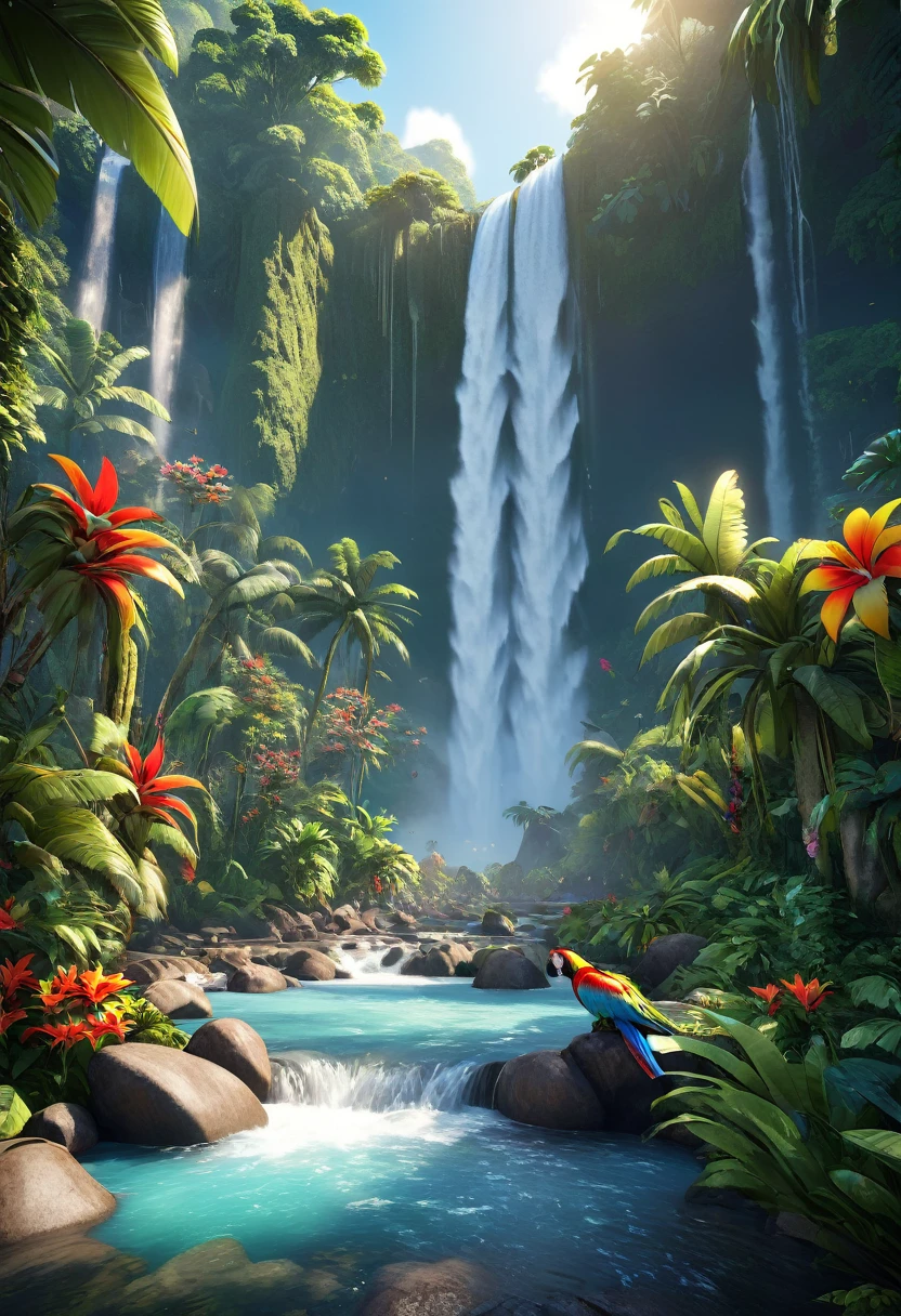 Imagine a serene rainforest scene with a majestic waterfall cascading down into a crystal-clear stream. Exotic animals like colorful parrots and playful monkeys roam freely among vibrant tropical flowers. The image is brought to life in stunning 8K resolution with high dynamic range, created using the cutting-edge Unreal Engine 5 technology.