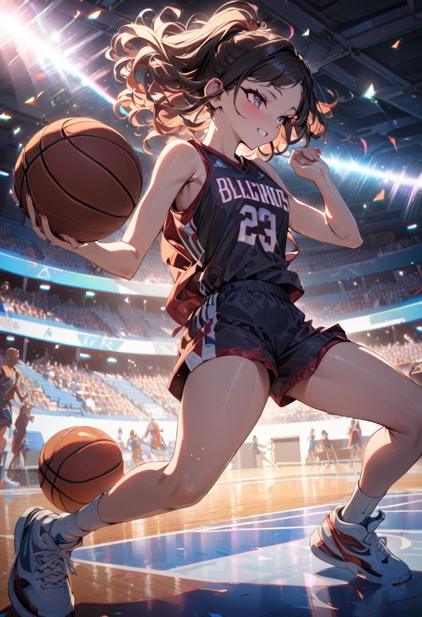 (Mastepiece, best quality, absurdres), 1girl, solo, Nezuko, holding a basketball in hand, wearing a basketball jersey, basketball court, 8k intricate illustration, dynamic pose, cinematic lighting, volumetric lighting, vibrant colors, ray tracing, intricate details, 