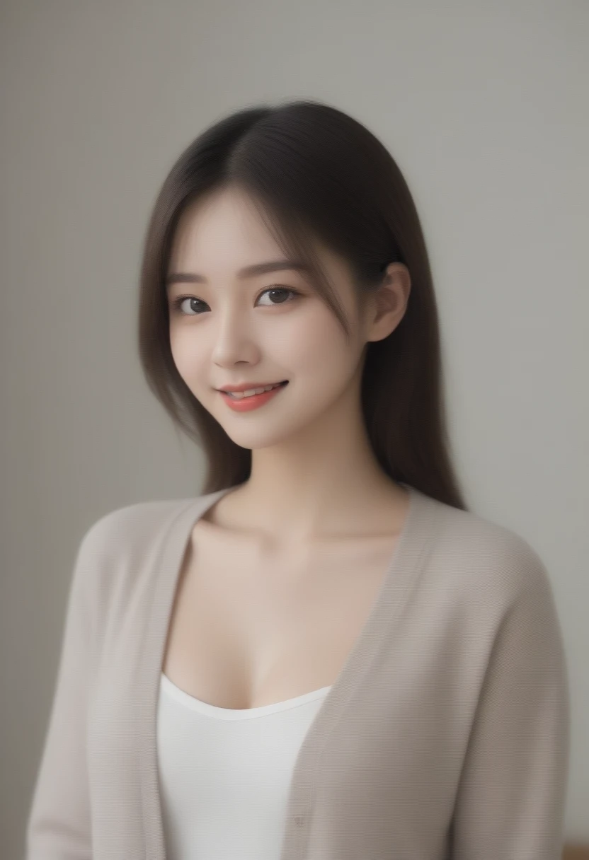 beauty girl, realistic, big breast, open breast、cardigan、laughter、room、8K、delicate face、detailed face、simple background