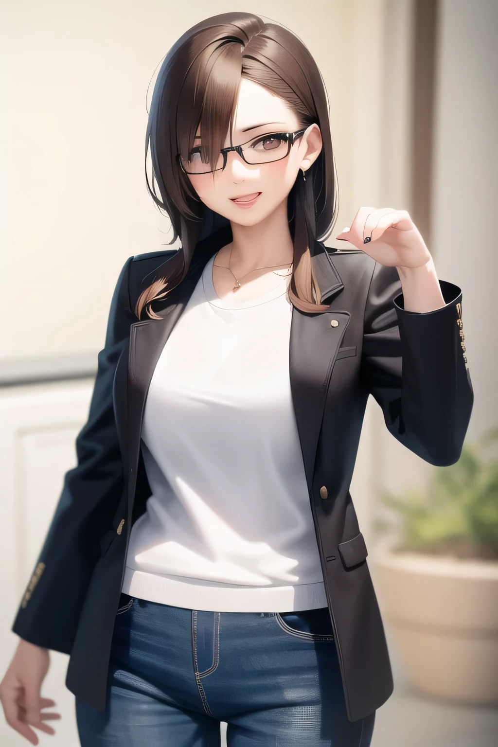 anime style, ....3d, 27-year-old woman with shoulder-length brown hair., brown eyes and wearing glasses, showcasing a bold rock &#39;n&#39; roll style. She is wearing a black leather jacket with a zipper on the front and silver stud details... His graphic T-shirt features the Linkin Park logo.., paired with a high-waisted plaid skirt and ripped stockings. on foot, She wears black leather boots with buckles and durable soles.. Your hair is slightly disheveled, complemented by bright red lipstick and black eyeliner, which will highlight your eyes. She has a seductive look too..