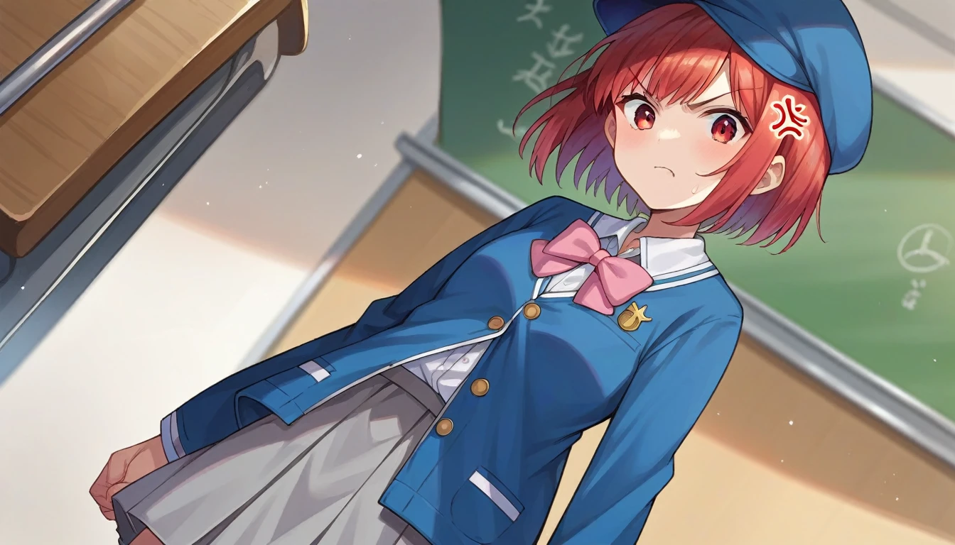 score_9, score_8_up, score_7_up, source_anime,
kanaarima, kana arima, short hair, bangs, red eyes, red hair, bob cut, angry, anger vein,
skirt, long sleeves, hat, bow, , jacket, pink bow, grey skirt, blue headwear,
indoors, classroom,
looking at viewer, cowboy shot, dutch angle,