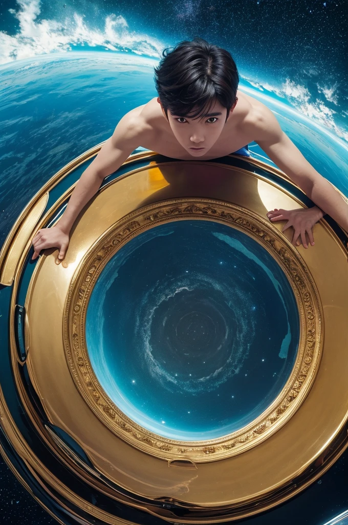Ridiculous Resolutions, High resolution, (masterpiece:1.4), Very detailed, One boy, View from above, space, floating, - At six o'clock